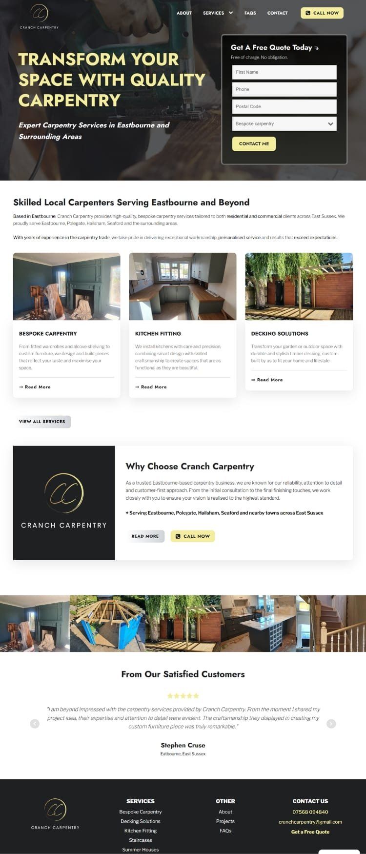 The full Cranch Carpentry homepage, from the opening banner to the footer
