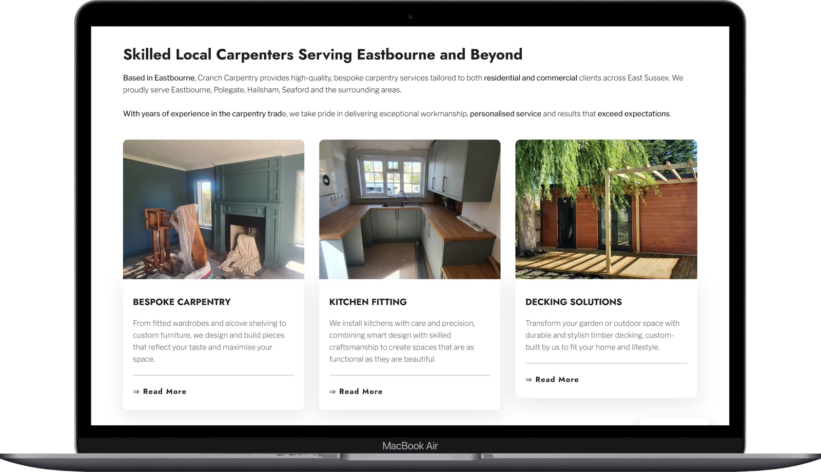 Cranch Carpentry’s services on a laptop: bespoke carpentry, kitchen fitting and decking