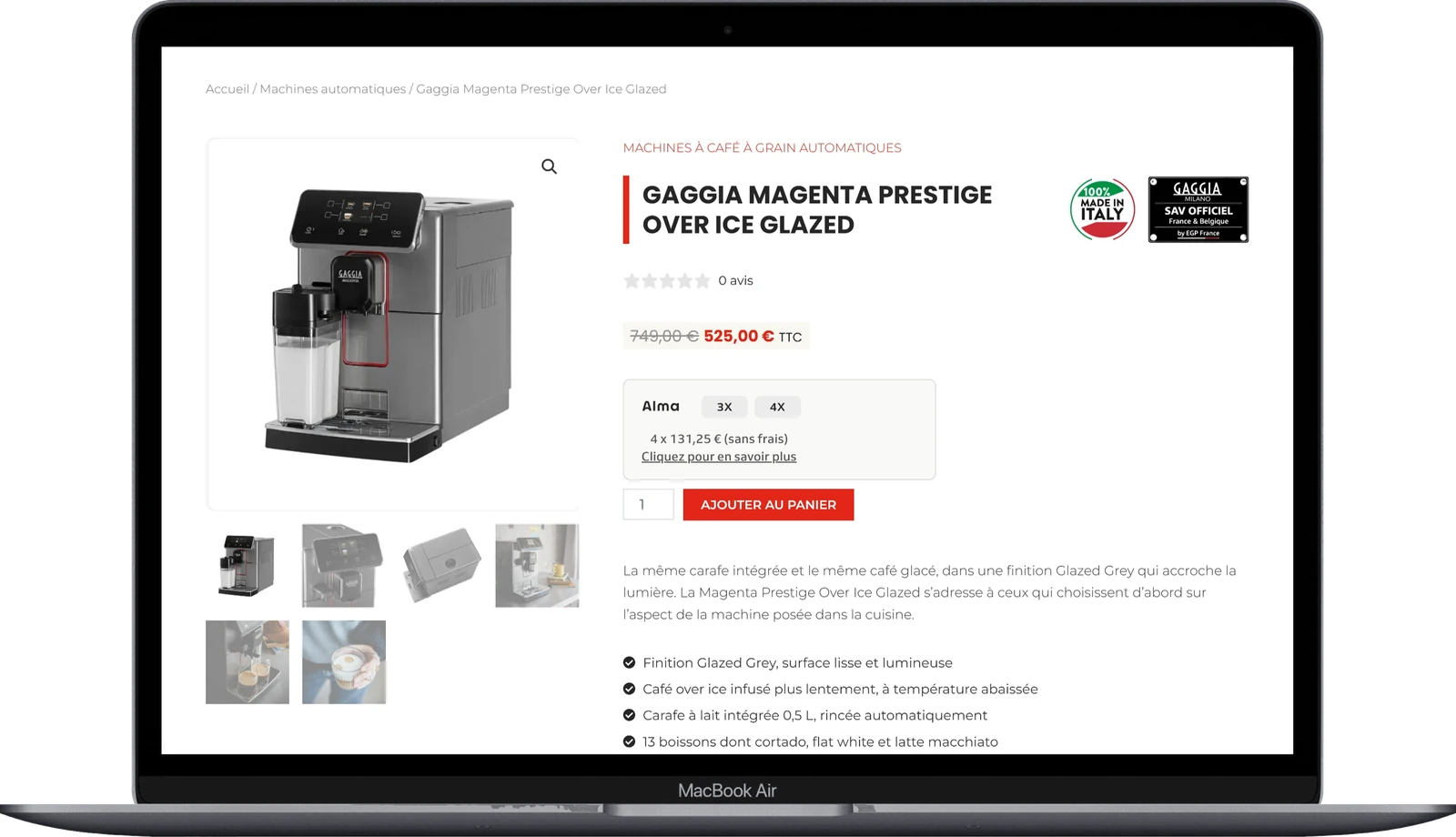 An EGP France product page for the Gaggia Magenta Prestige coffee machine, on a laptop