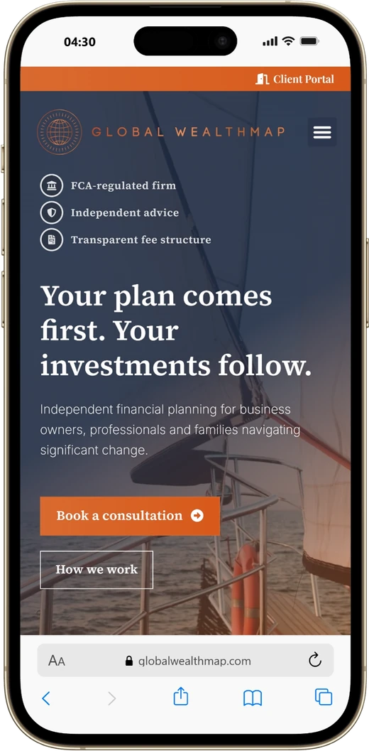 The Global WealthMAP homepage on a phone