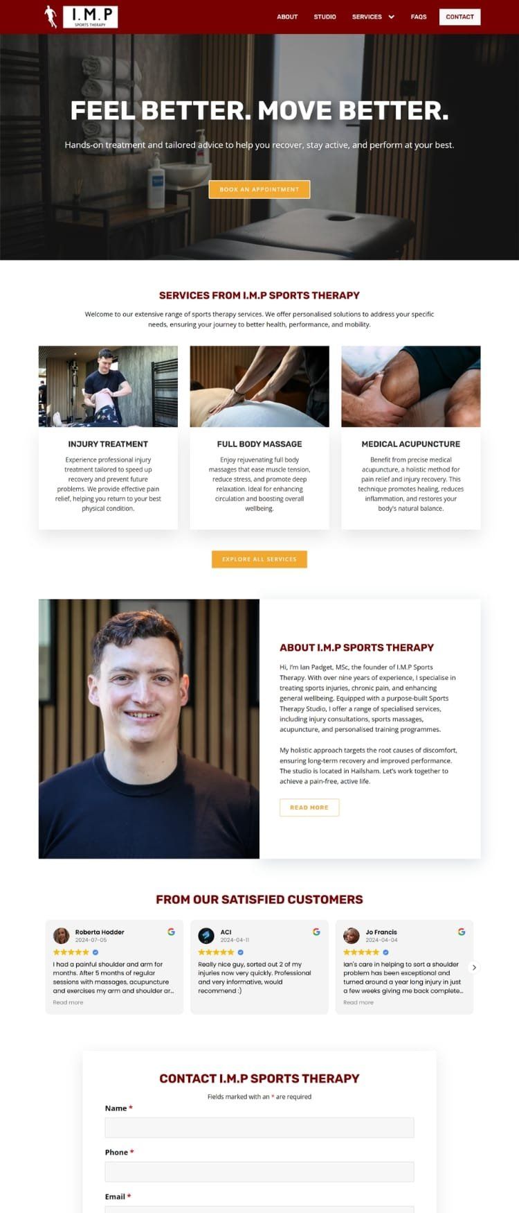 The full IMP Sports Therapy homepage, from the opening banner to the footer