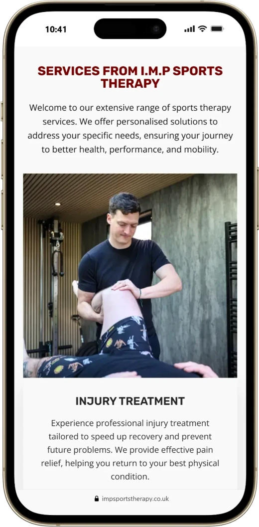 The IMP Sports Therapy services page on a phone