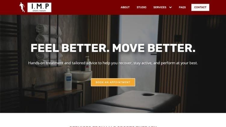 The IMP Sports Therapy homepage, headed “Feel better. Move better.”