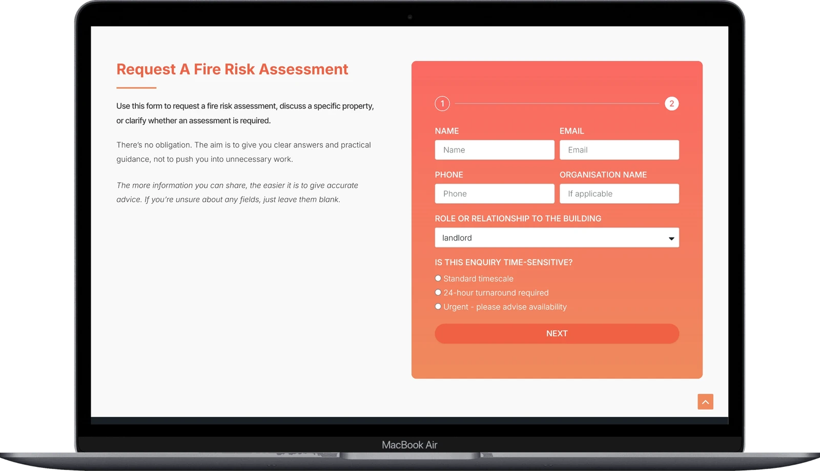 The Southern FRA form to request a fire risk assessment, on a laptop