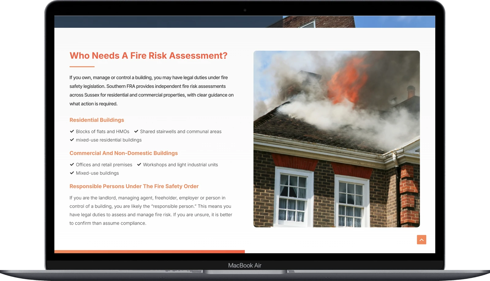 Southern FRA’s page “Who needs a fire risk assessment?” on a laptop, and its homepage on a phone